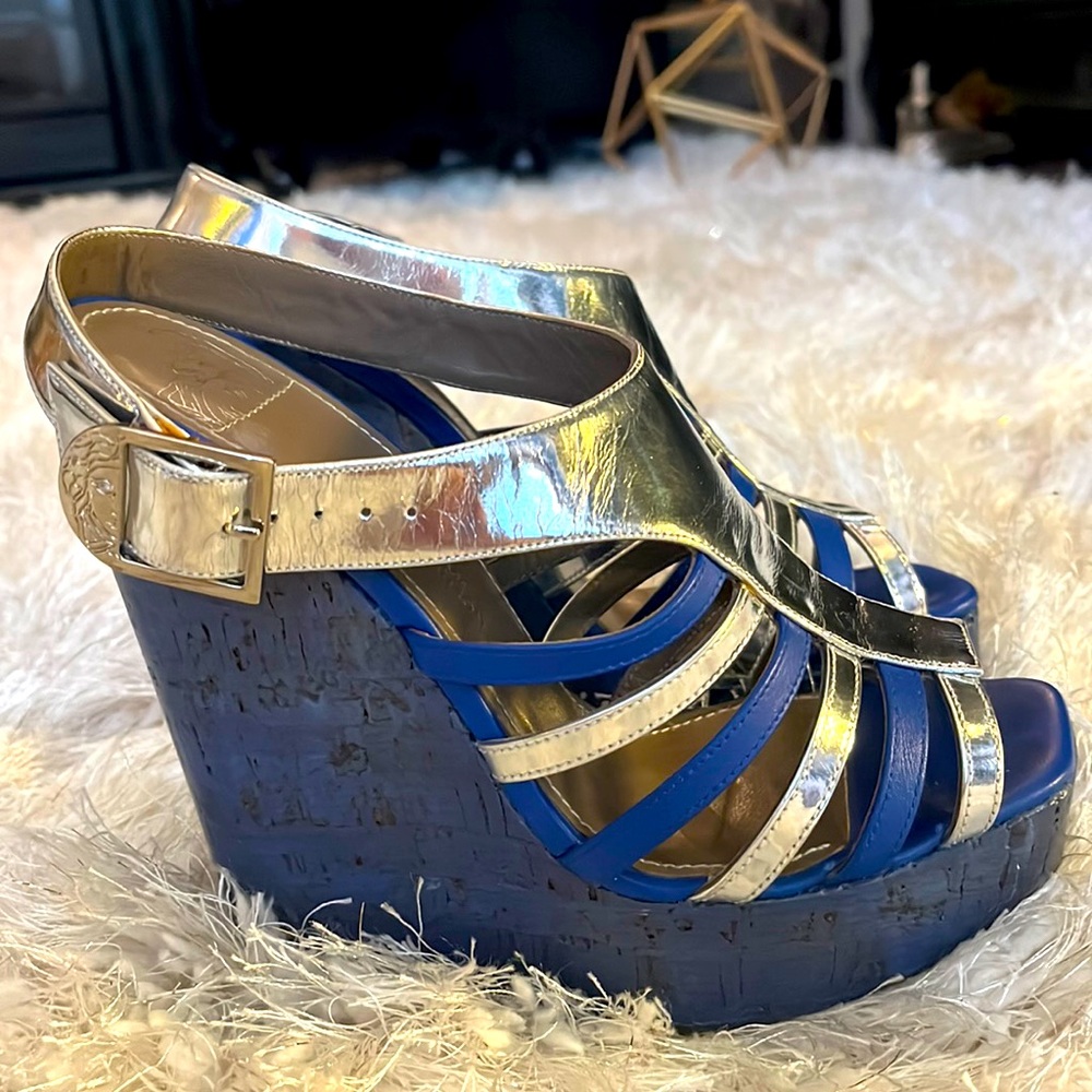 Versace Vintage Blue and Silver Cork Wedge Heels